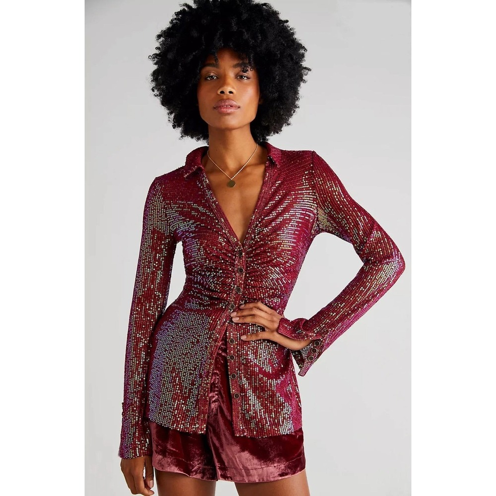 Free People Sequin Shirtee Top Burgundy Red Ruched Button Front XS Y2K 70s Disco